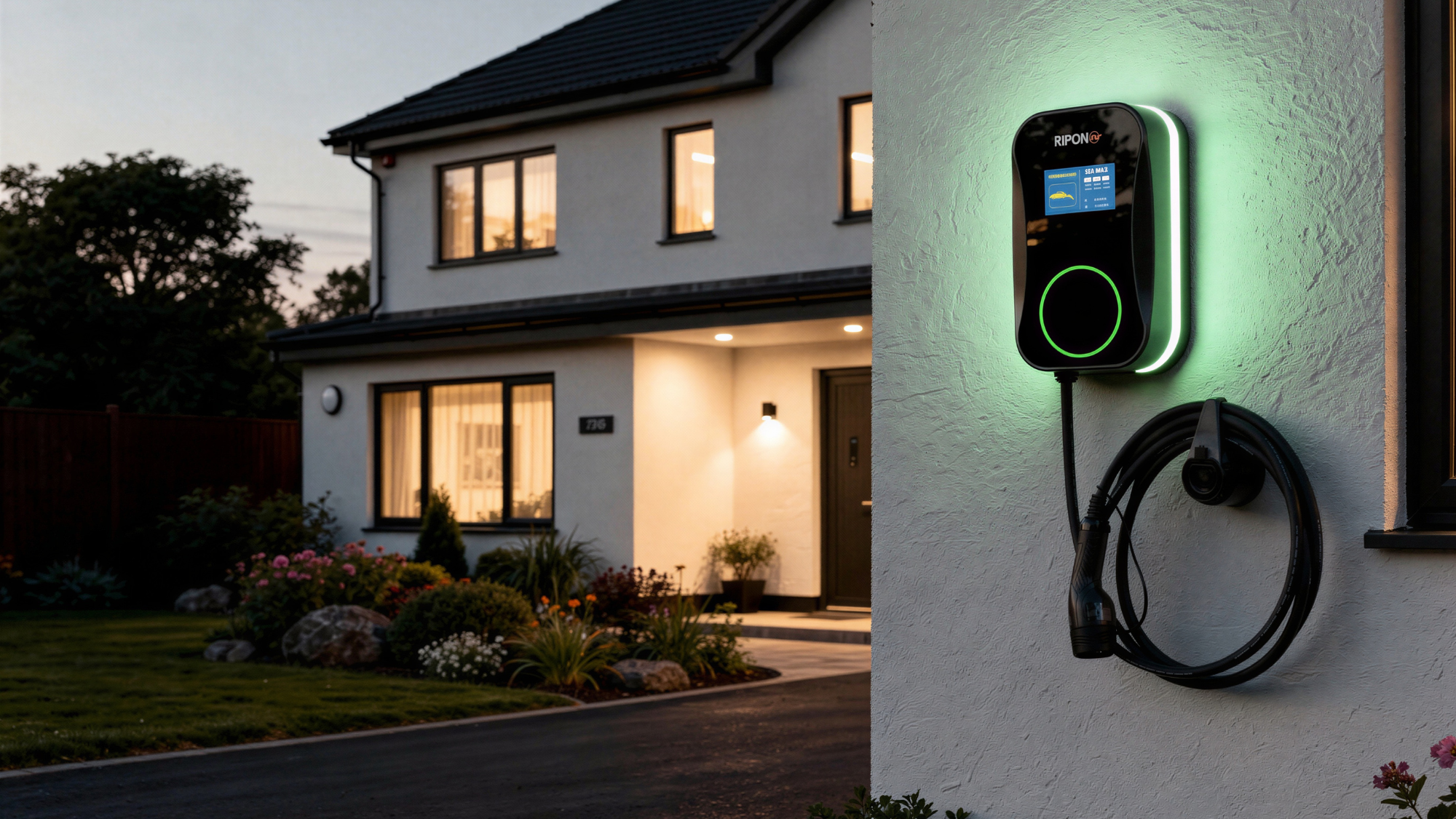 Ripon EV charger mounted on a modern home at dusk