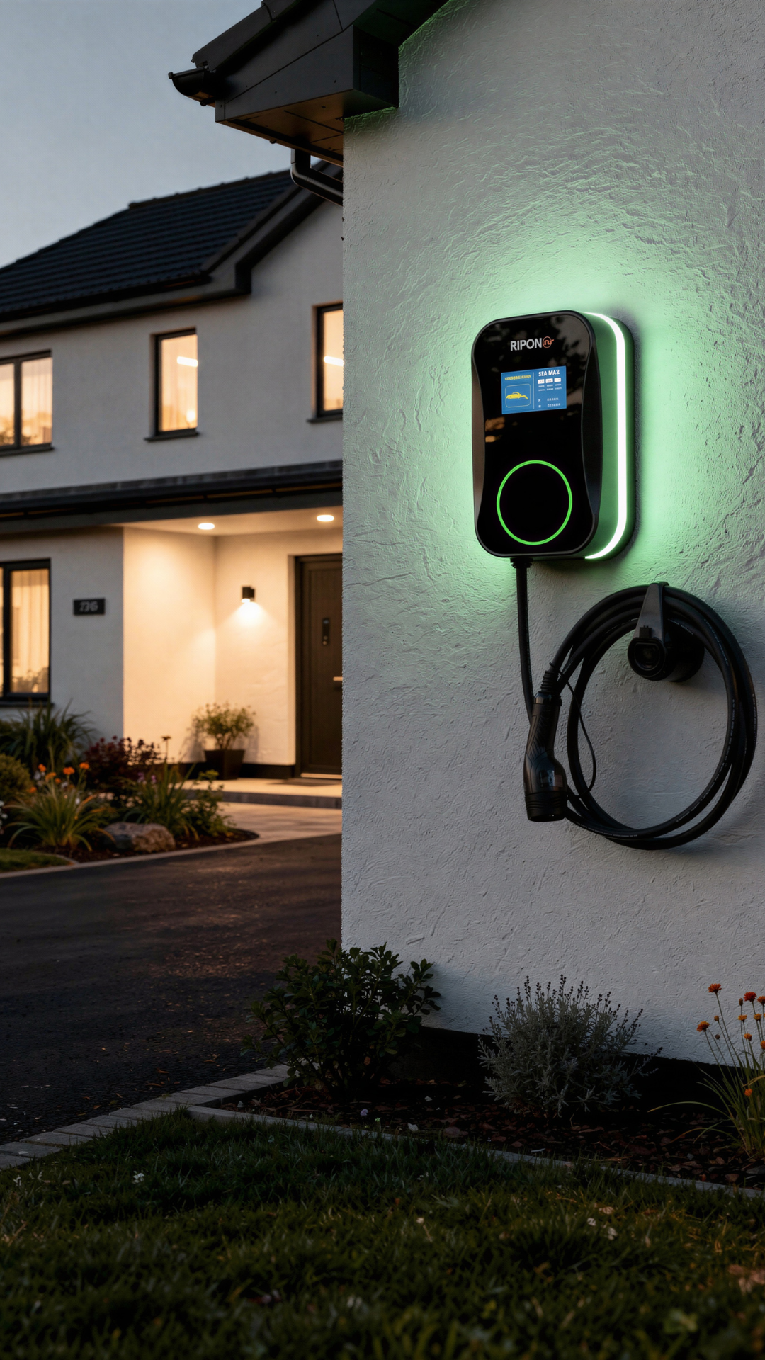 Ripon EV charger mounted on a modern home at dusk